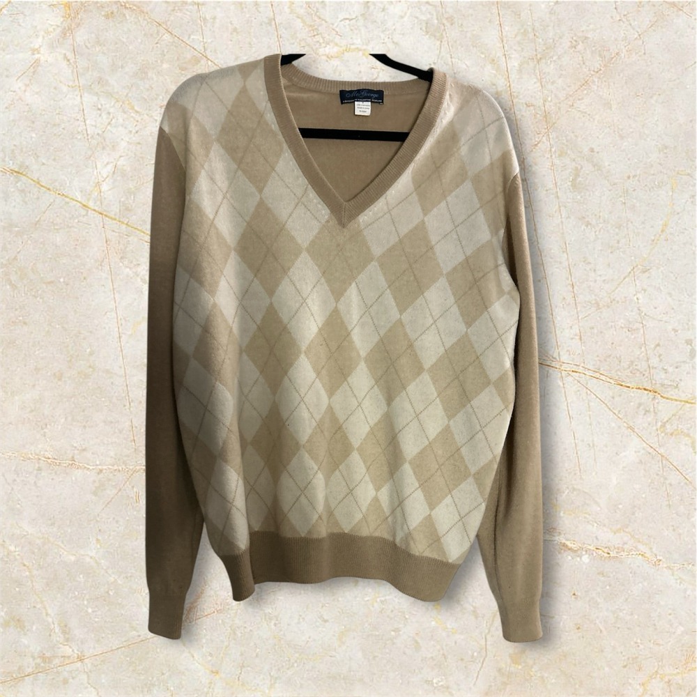 Vintage McGeorge Cashmere Sweater Beige Argyle Sweater Size Medium V-Neck